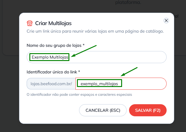Modal Criar Multilojas com nome e identificador